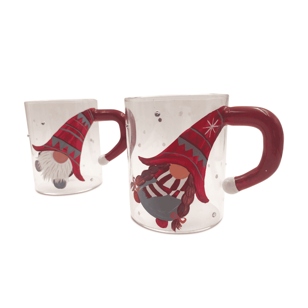 Christmas Coffee Mug (Set of 2) | Painted Gnome Glass Coffee Mug Designs | Gnome Mug | Coffee Bar Decor | Winter Gnome | Espresso Cups |