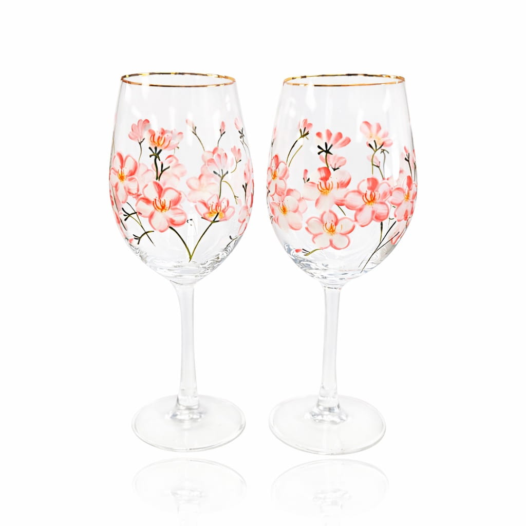Painted Cherry Blossom Wine Glasses (Set of 2) |Buy Hand Painted Floral  Glass – DRNKART STUDIOS