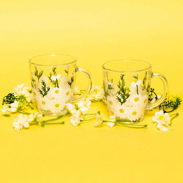 painted glass cups, painted glass mugs, daisy drinking glasses, clear glass cups, cute glass cups, aesthetic glass cups, glass mugs, glass coffee mugs, clear glass coffee mugs