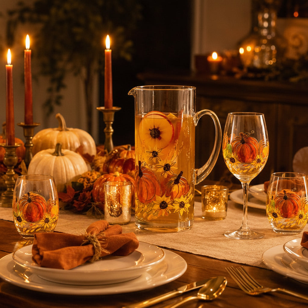 A warmly lit autumn dining table set with white plates, gold cutlery, wine glasses, and a clear pitcher filled with orange slices and lemonade, decorated with pumpkins, candles, and fall foliage.