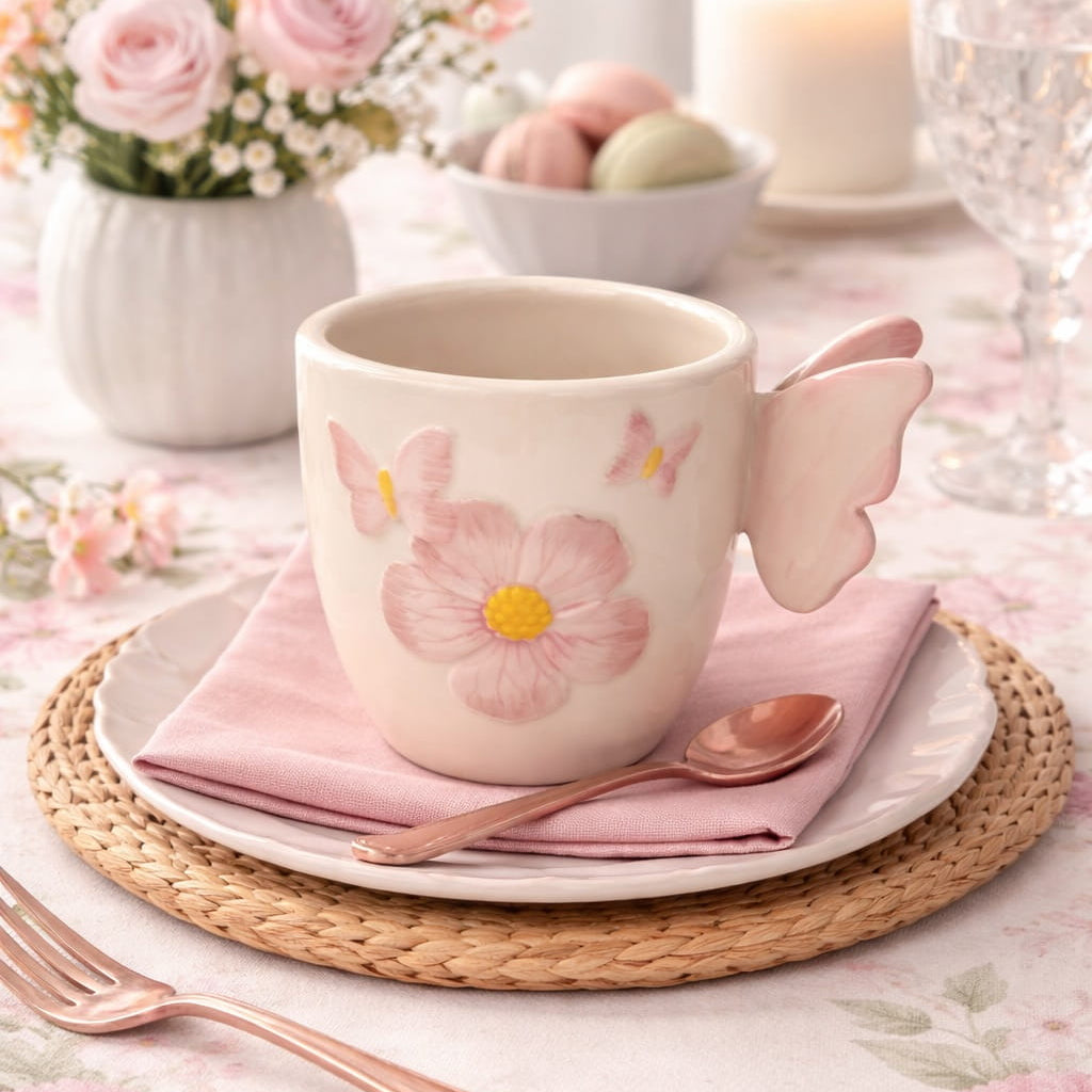Pink Butterfly Flower Mugs