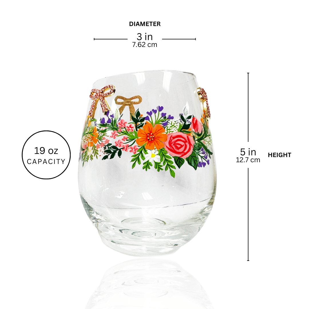 Floral & Bowtie Stemless Wine Glasses
