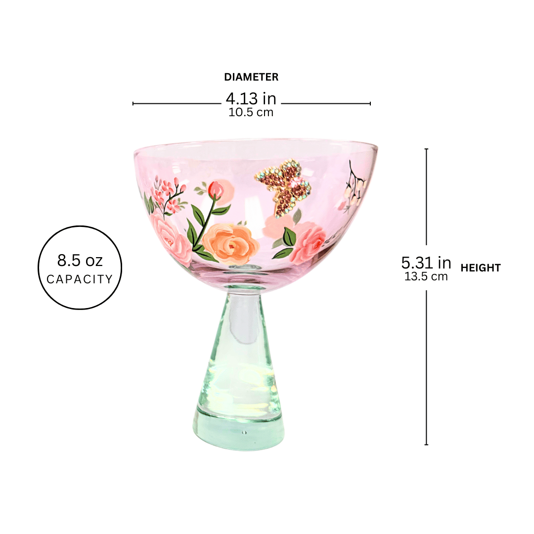 Pink Floral & Jeweled Butterfly Coupe Glass