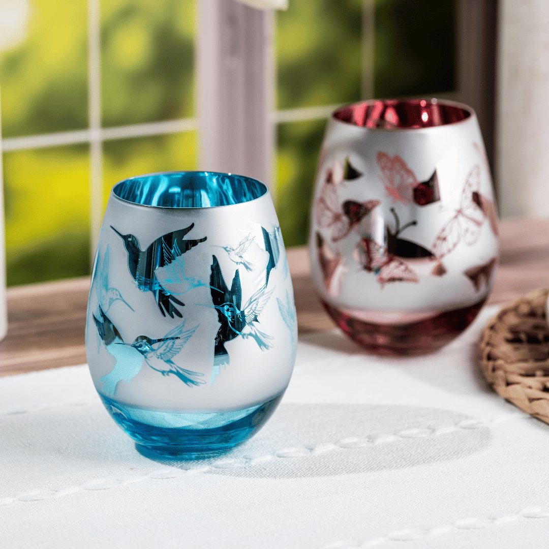 Blue Hummingbird Stemless Wine Glasses