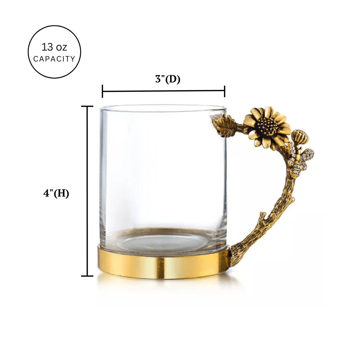3D Jeweled Gold Sunflower & Bee Handle Mugs