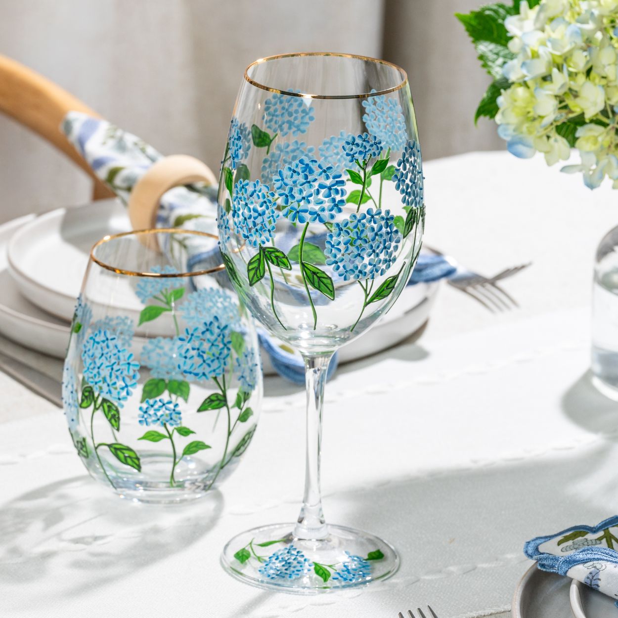 Painted Blue Hydrangea Wine Glass