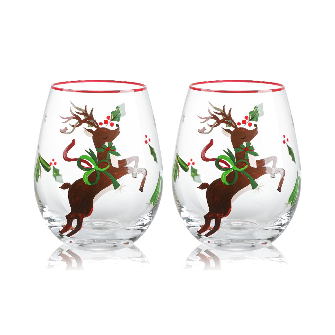 Painted Reindeer Stemless Wine Glasses