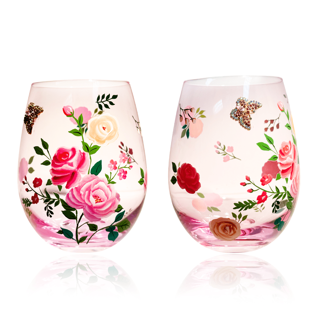 Pink Floral & Jeweled Butterfly Stemless Wine Glasses
