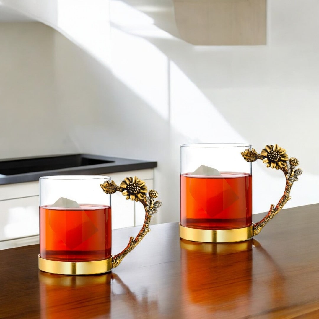 3D Jeweled Gold Sunflower & Bee Handle Mugs