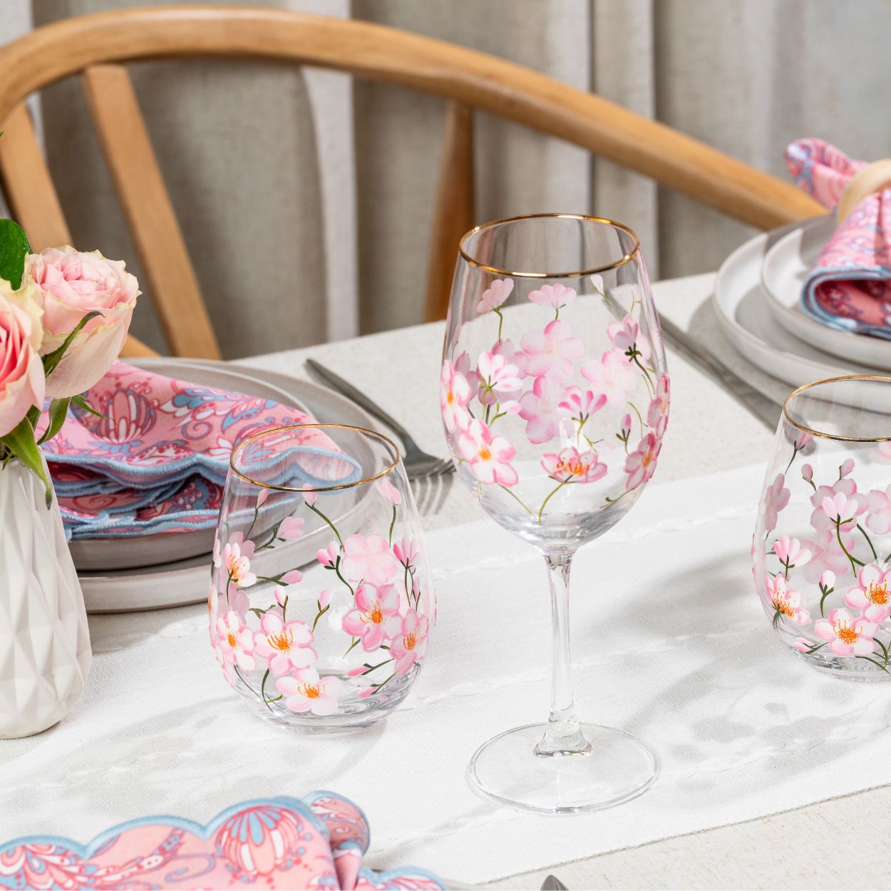 Painted Cherry Blossom Wine Glass