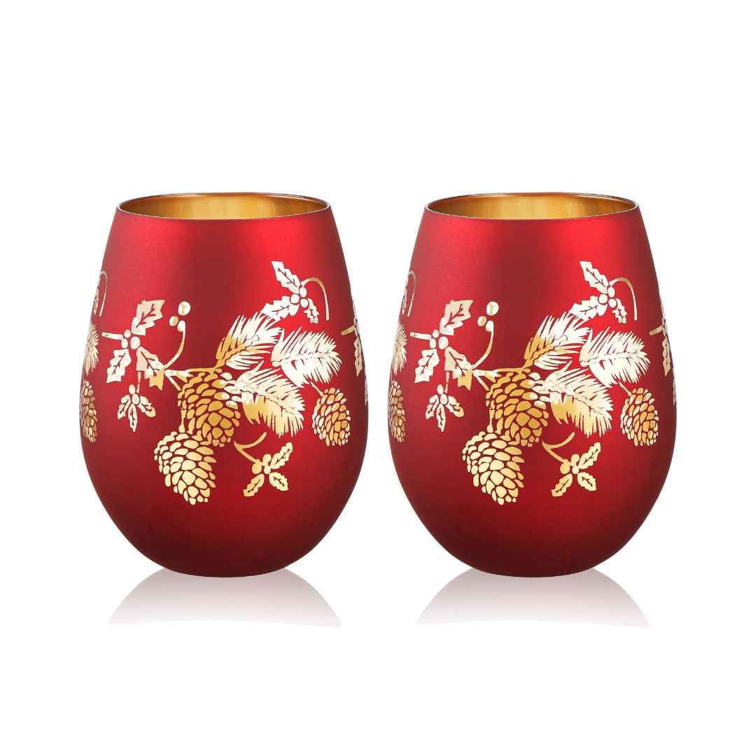 Red Pine Cone Stemless Wine Glasses