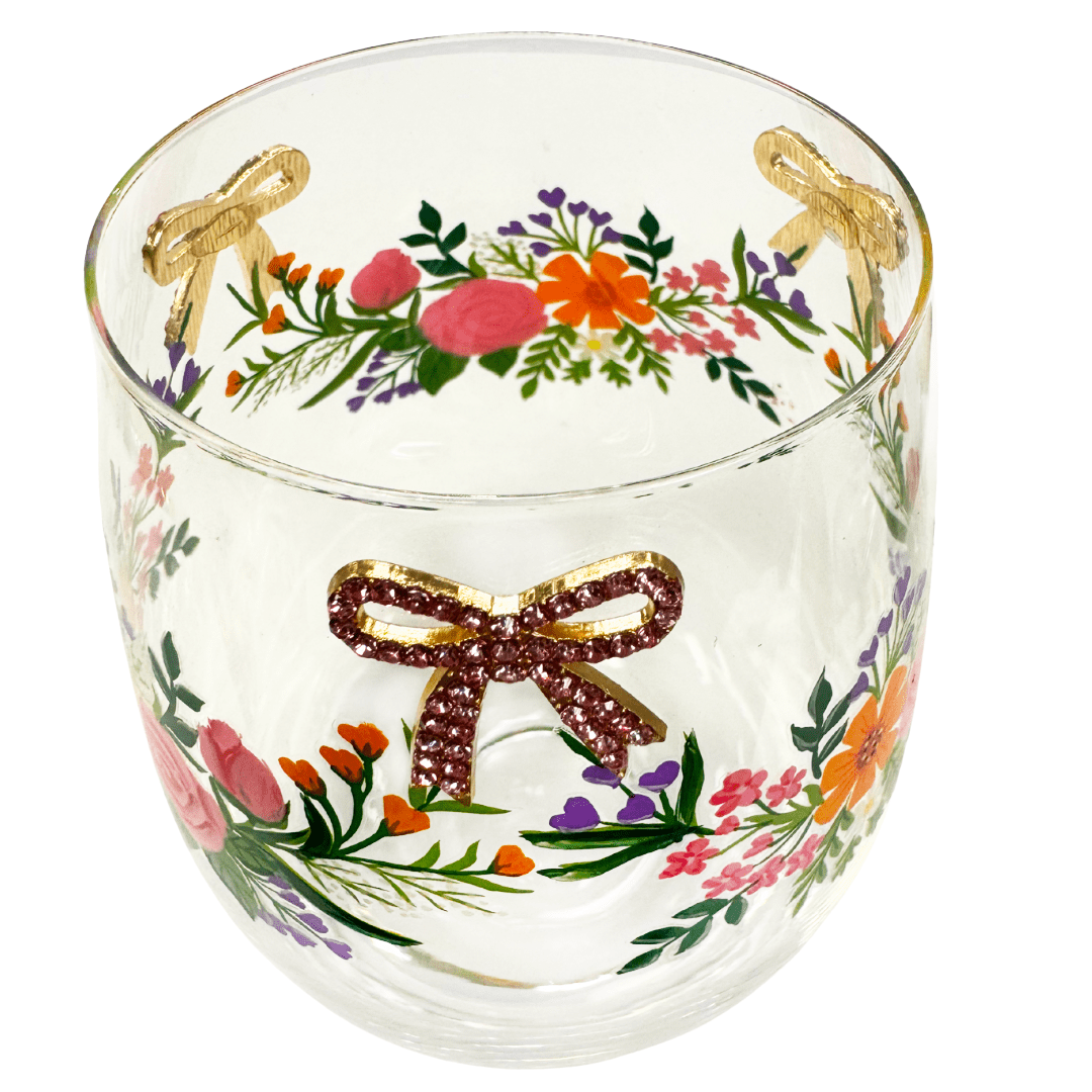Floral & Bowtie Stemless Wine Glasses