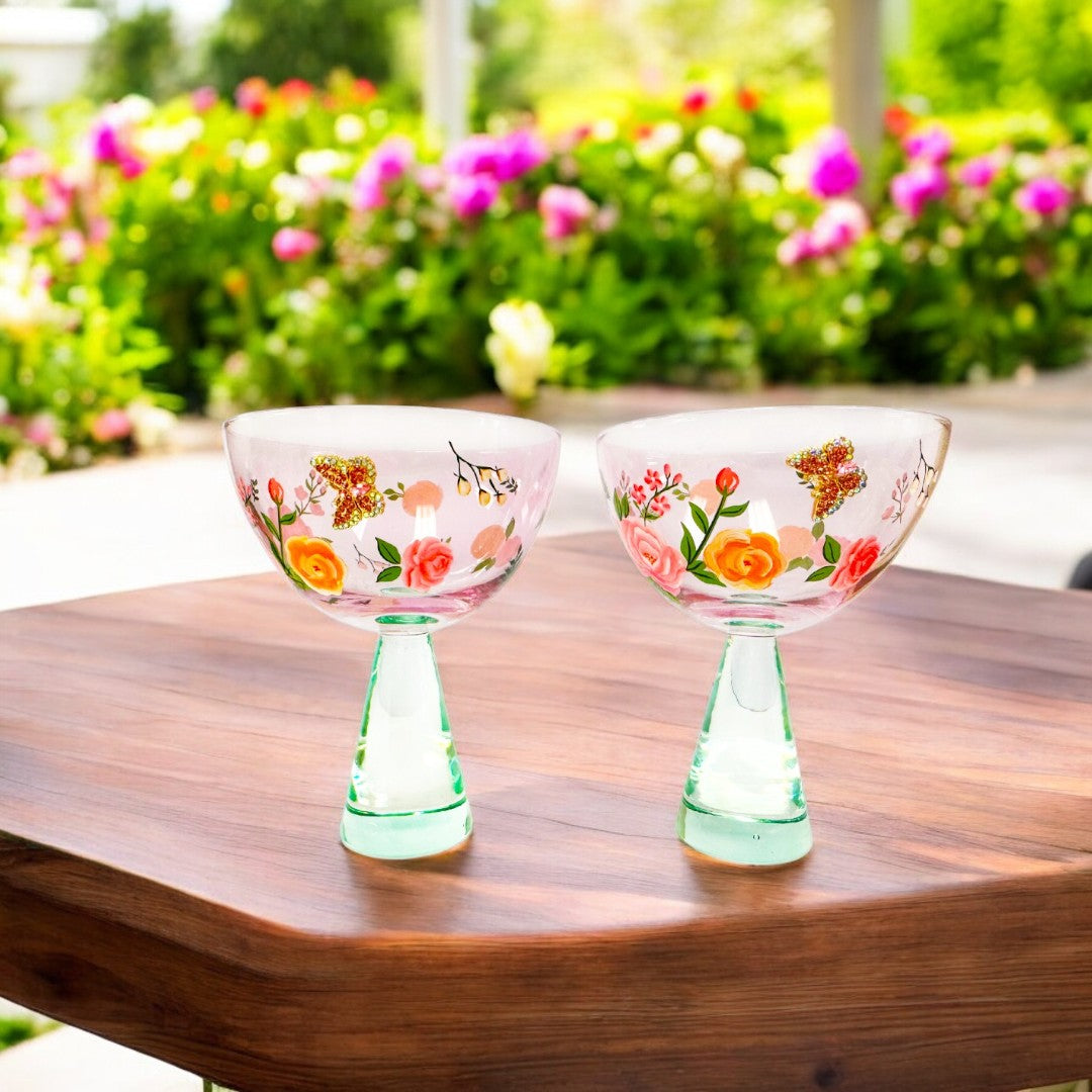 Pink Floral & Jeweled Butterfly Coupe Glass