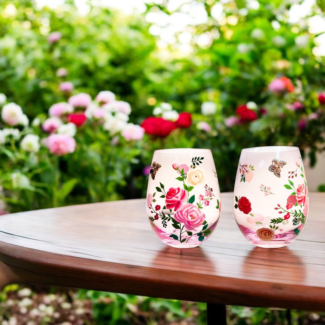 Pink Floral & Jeweled Butterfly Stemless Wine Glasses