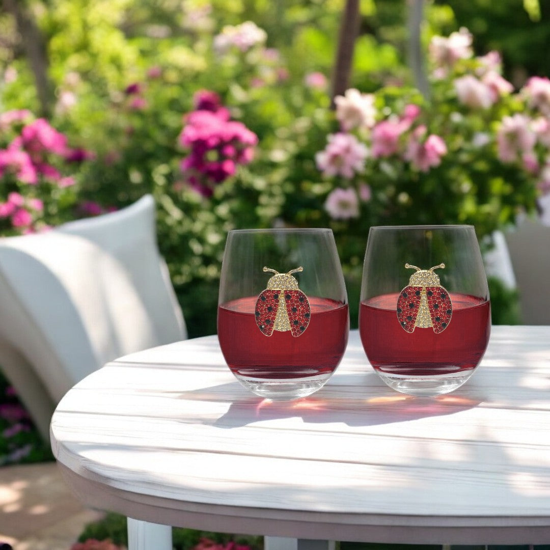 Jeweled Lady Bug Stemless Wine Glasses