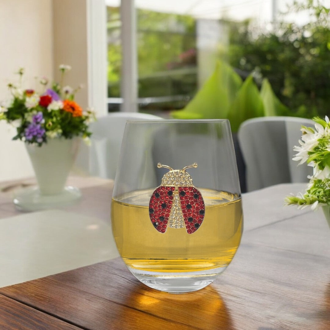 Jeweled Lady Bug Stemless Wine Glasses