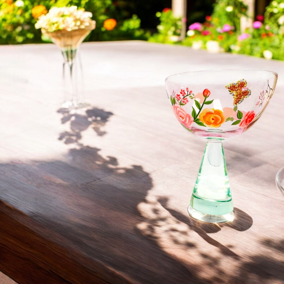 Pink Floral & Jeweled Butterfly Coupe Glass