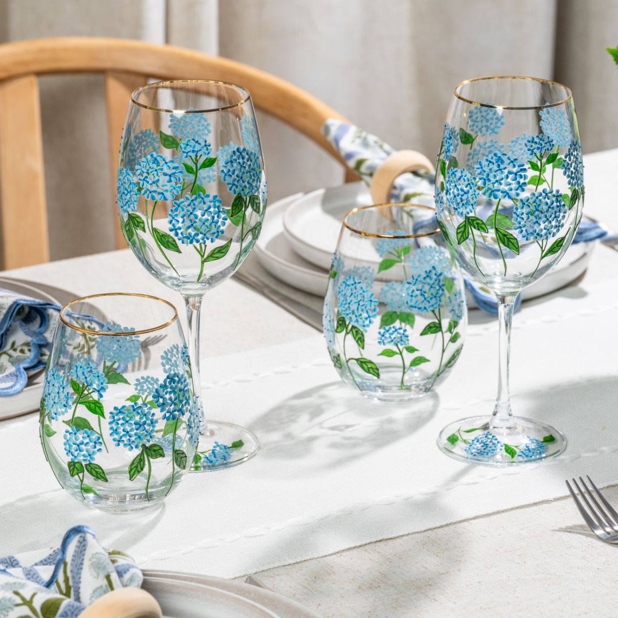 Painted Blue Hydrangea Stemless Wine Glasses