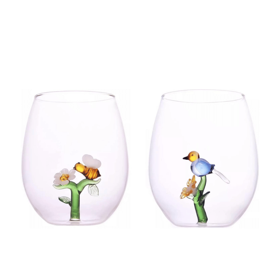 3D Daisy & Bird Stemless Wine Glasses