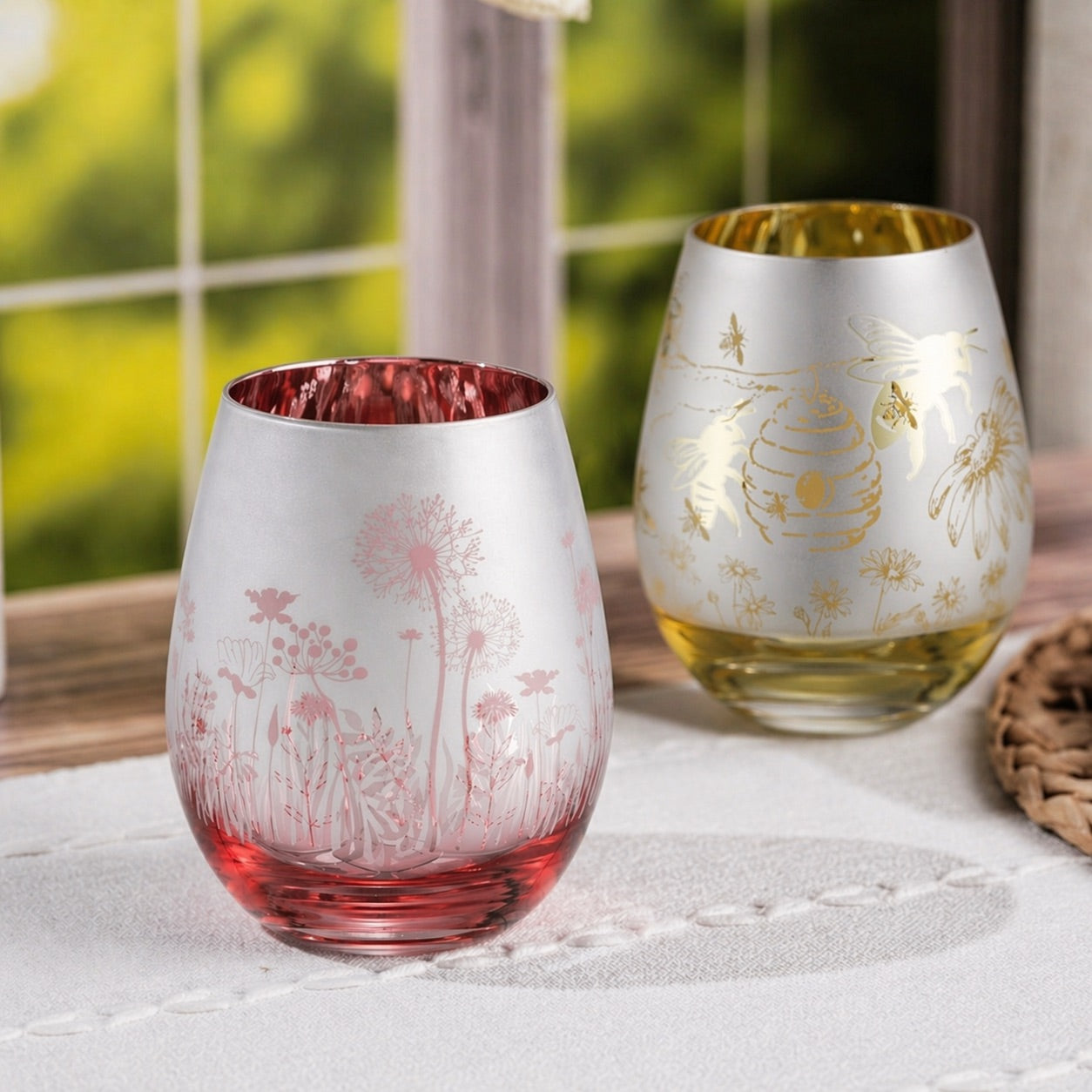 Pink Garden Stemless Wine Glasses