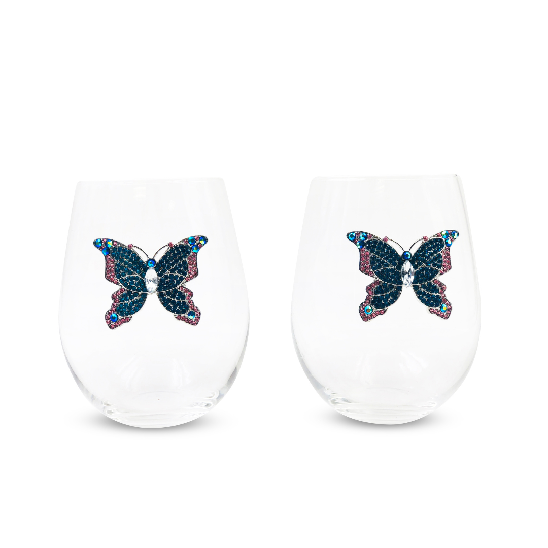 Jeweled Butterfly Stemless Wine Glasses