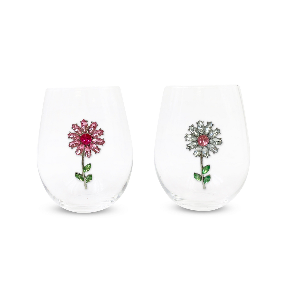 Jeweled Flower Stemless Wine Glasses