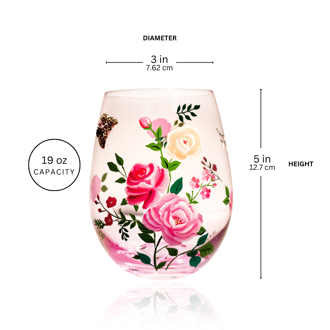 Pink Floral & Jeweled Butterfly Stemless Wine Glasses