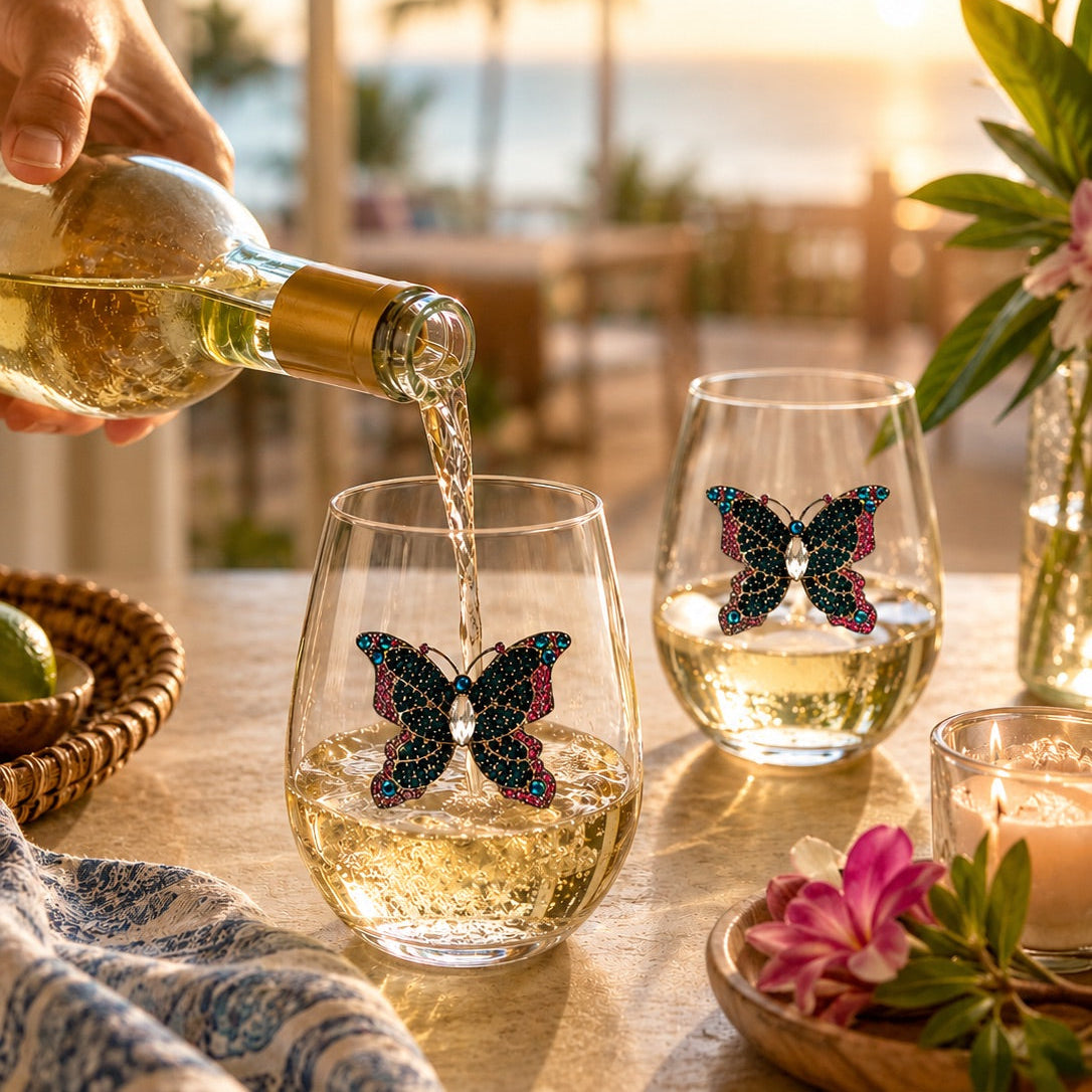 Jeweled Butterfly Stemless Wine Glasses