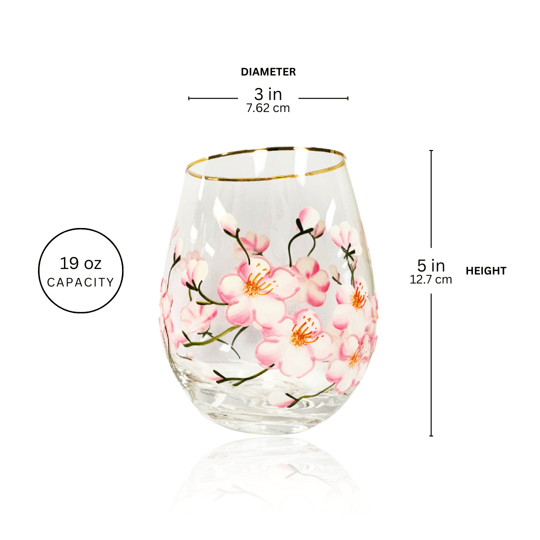 Painted Cherry Blossom Stemless Wine Glasses