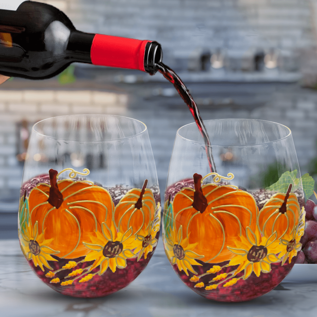 Painted Pumpkin Stemless Wine Glasses