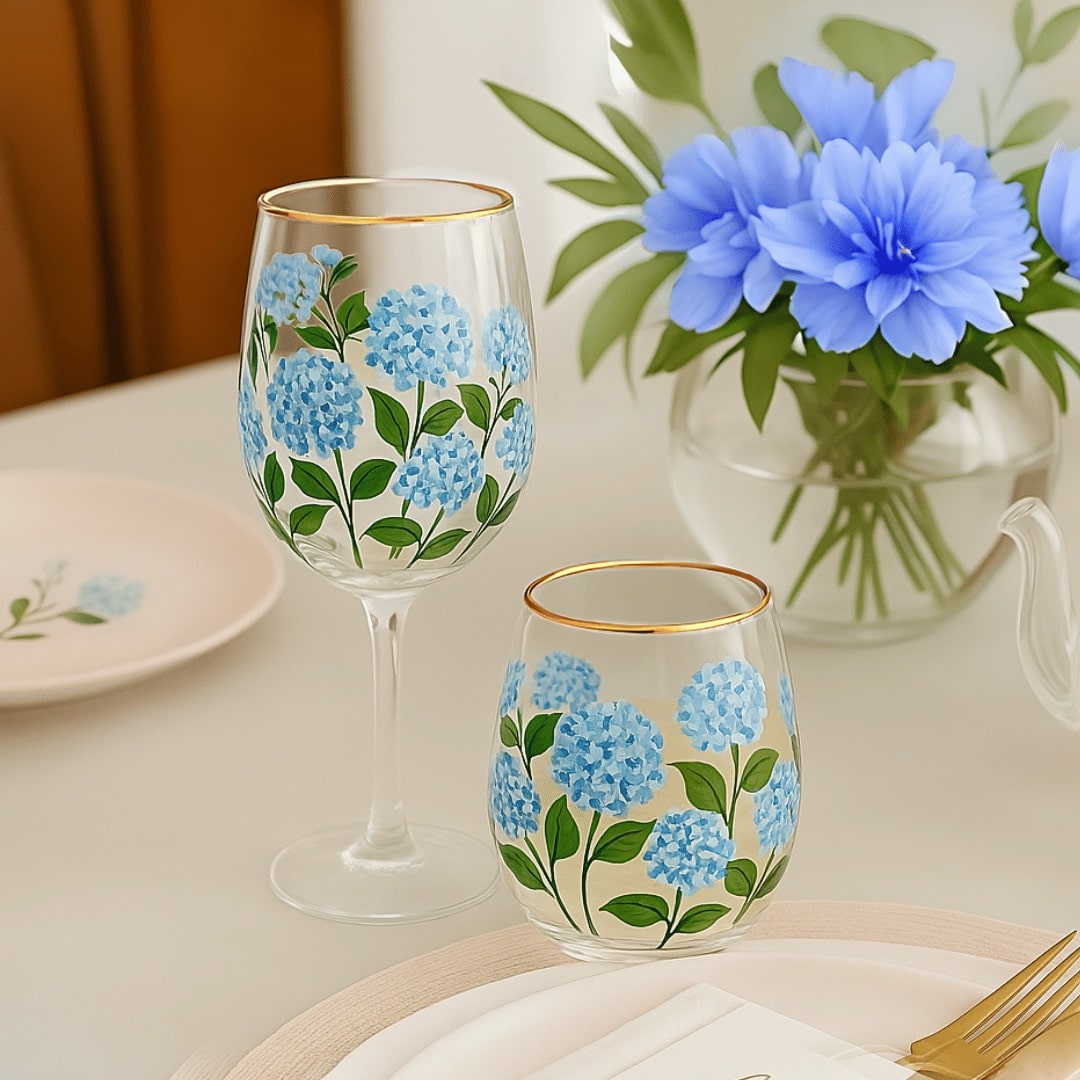 Painted Blue Hydrangea Stemless Wine Glasses