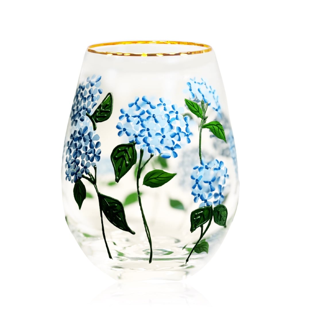 Painted Blue Hydrangea Stemless Wine Glasses