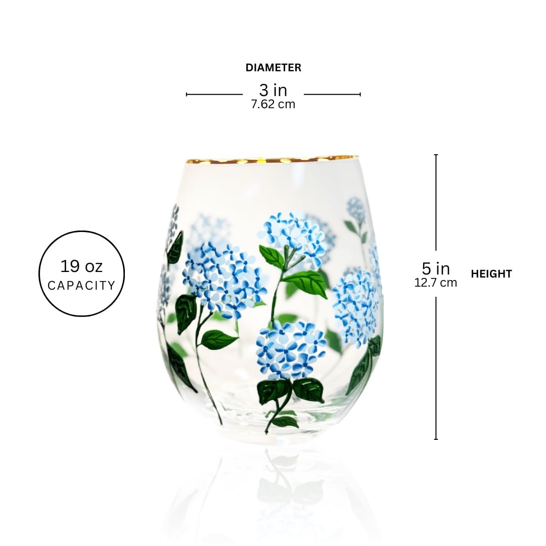 Painted Blue Hydrangea Stemless Wine Glasses