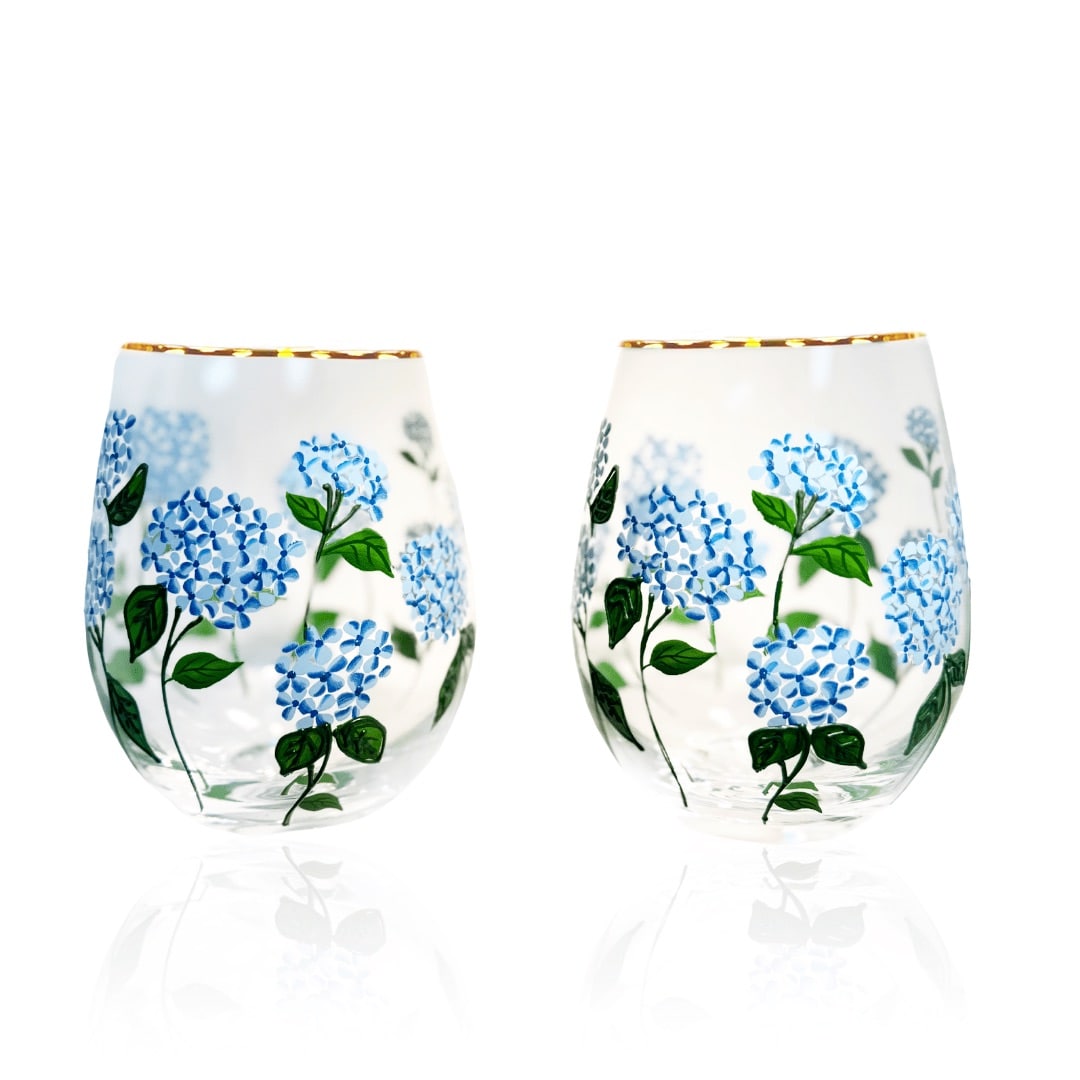 Painted Blue Hydrangea Stemless Wine Glasses
