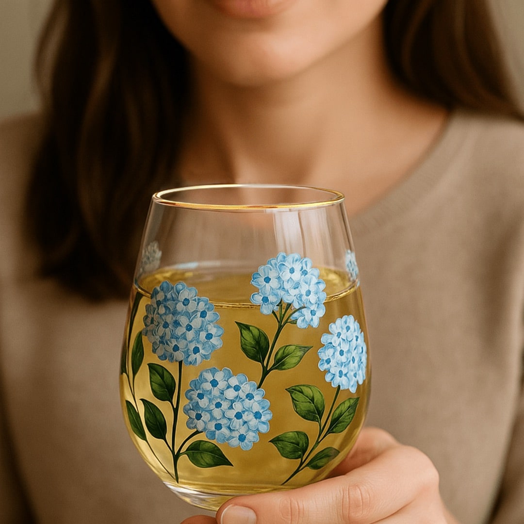 Painted Blue Hydrangea Stemless Wine Glasses