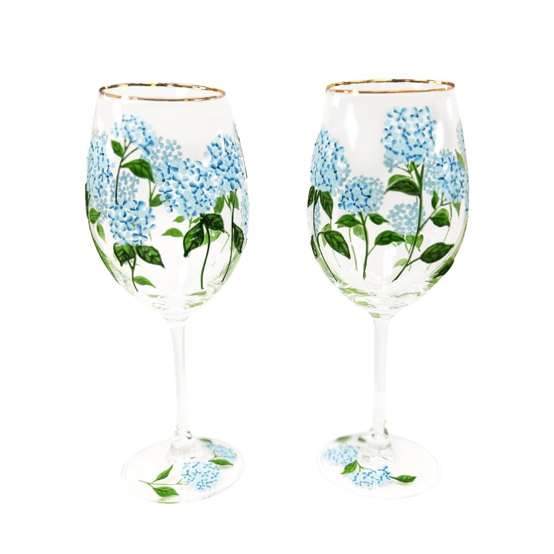 Painted Blue Hydrangea Wine Glass