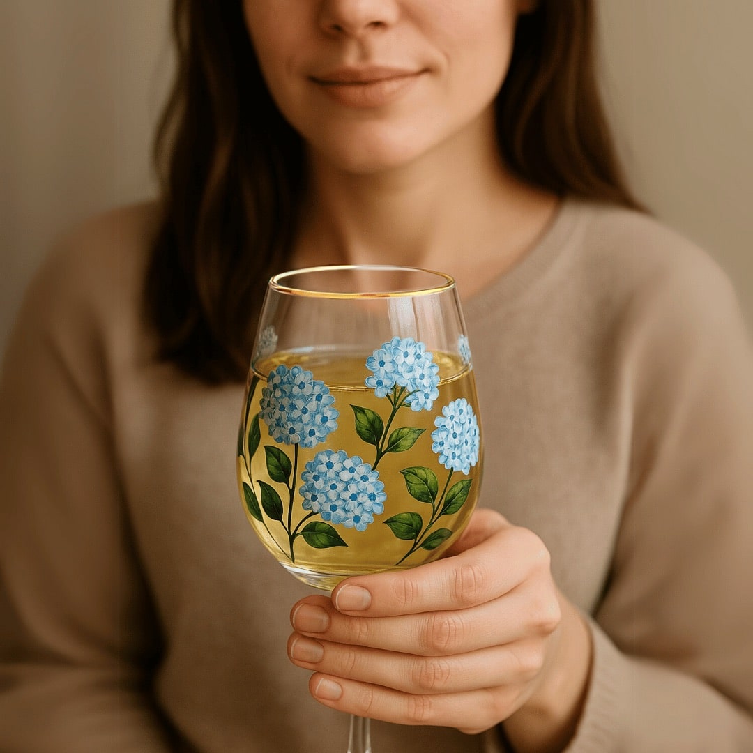 Painted Blue Hydrangea Wine Glass