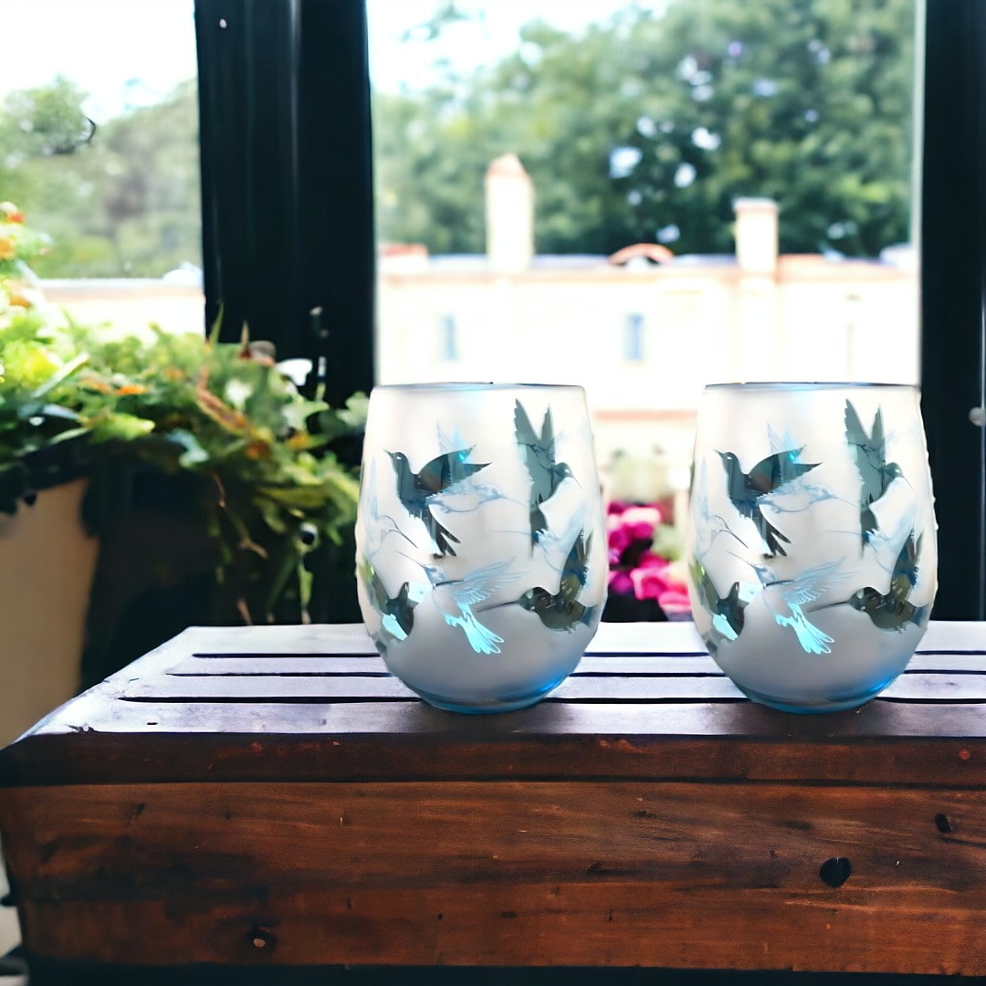Blue Hummingbird Stemless Wine Glasses