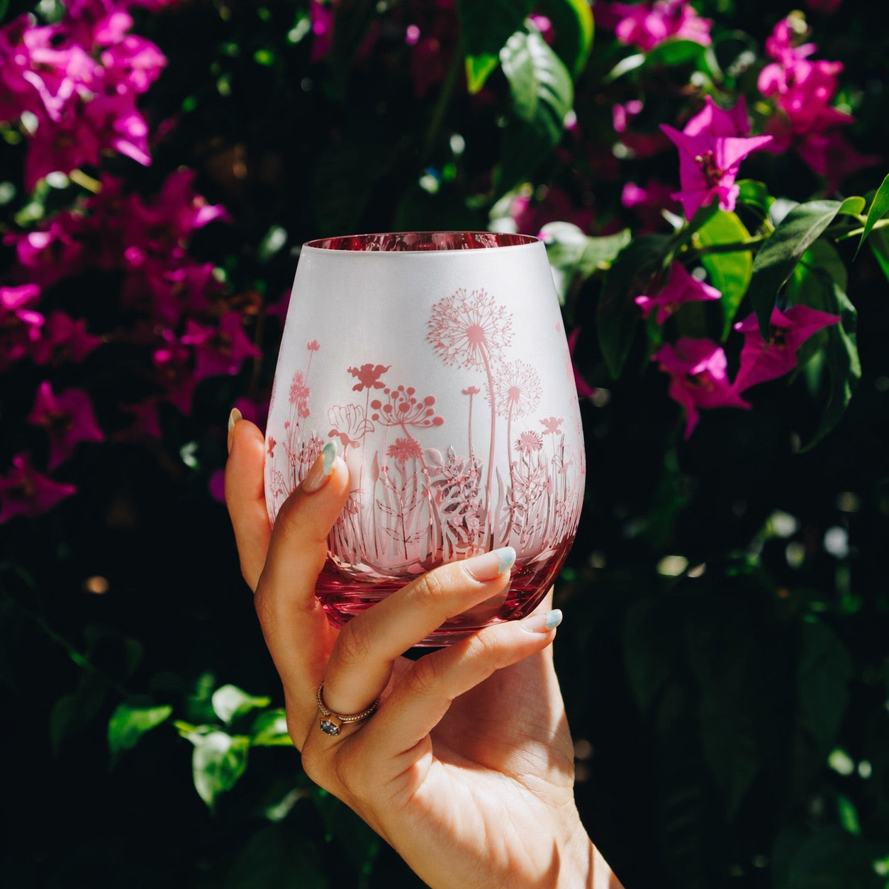 Pink Garden Stemless Wine Glasses