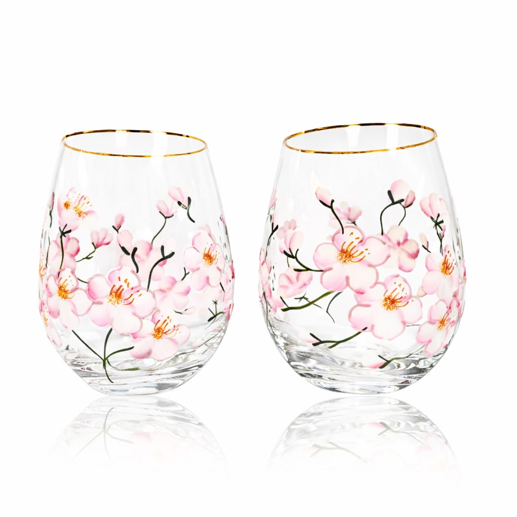 Painted Cherry Blossom Stemless Wine Glasses