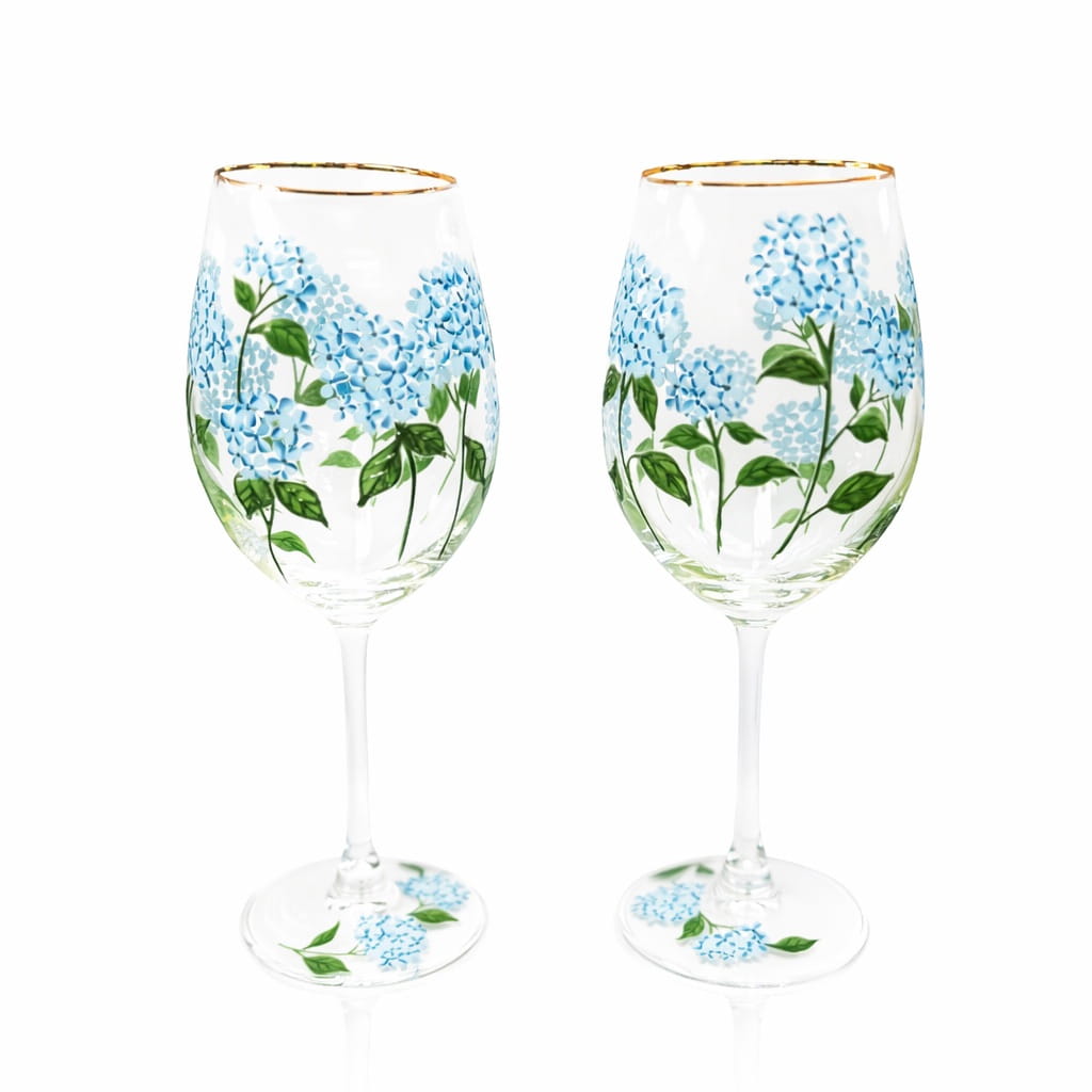 Painted Blue Hydrangea Wine Glass