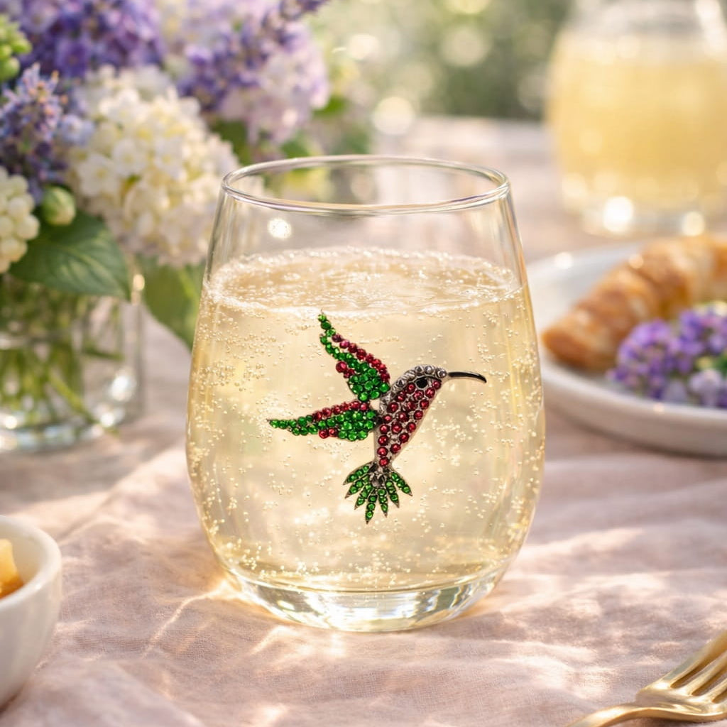 Glass with a decorative hummingbird design on a table with flowers and food.