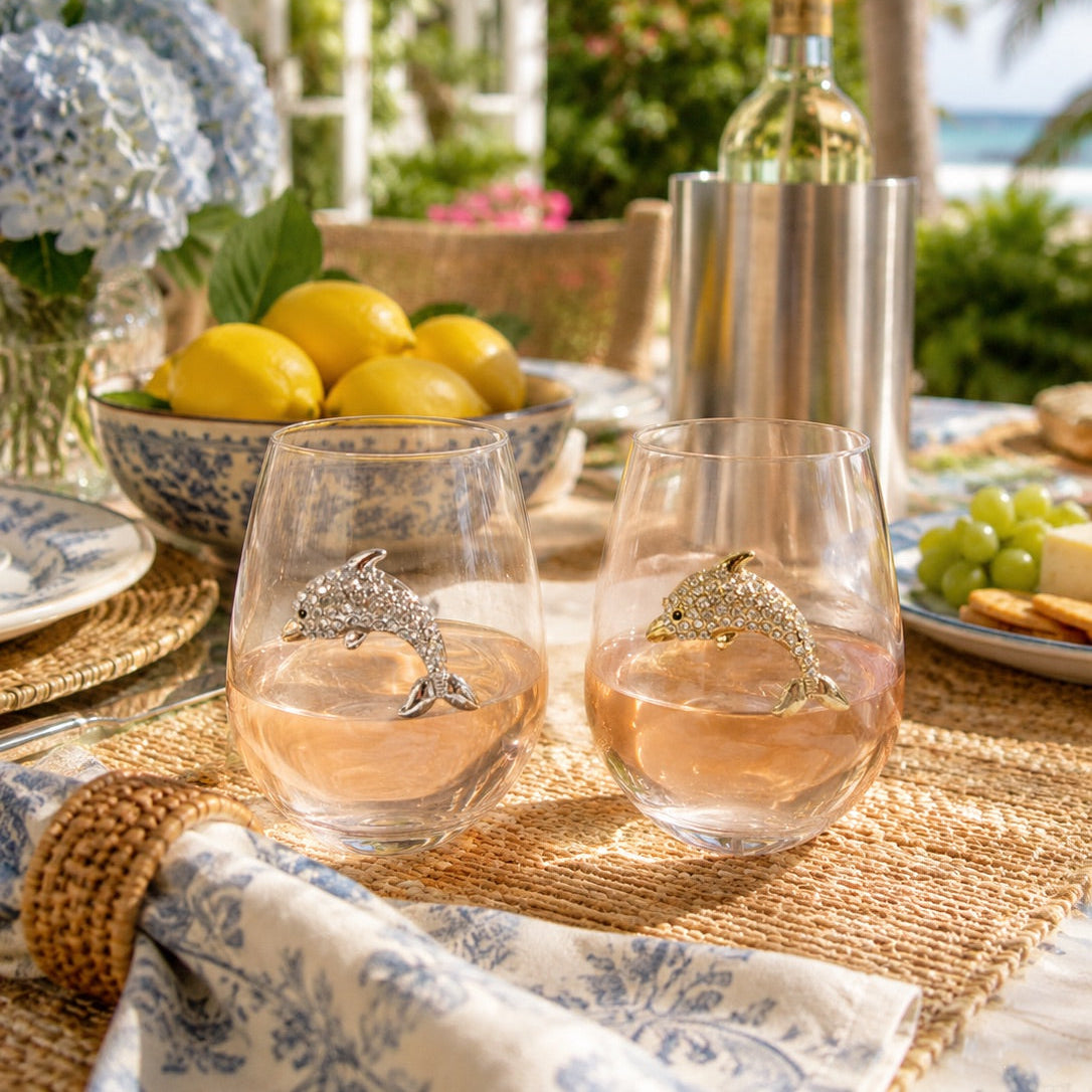 Jeweled Dolphin Stemless Wine Glasses