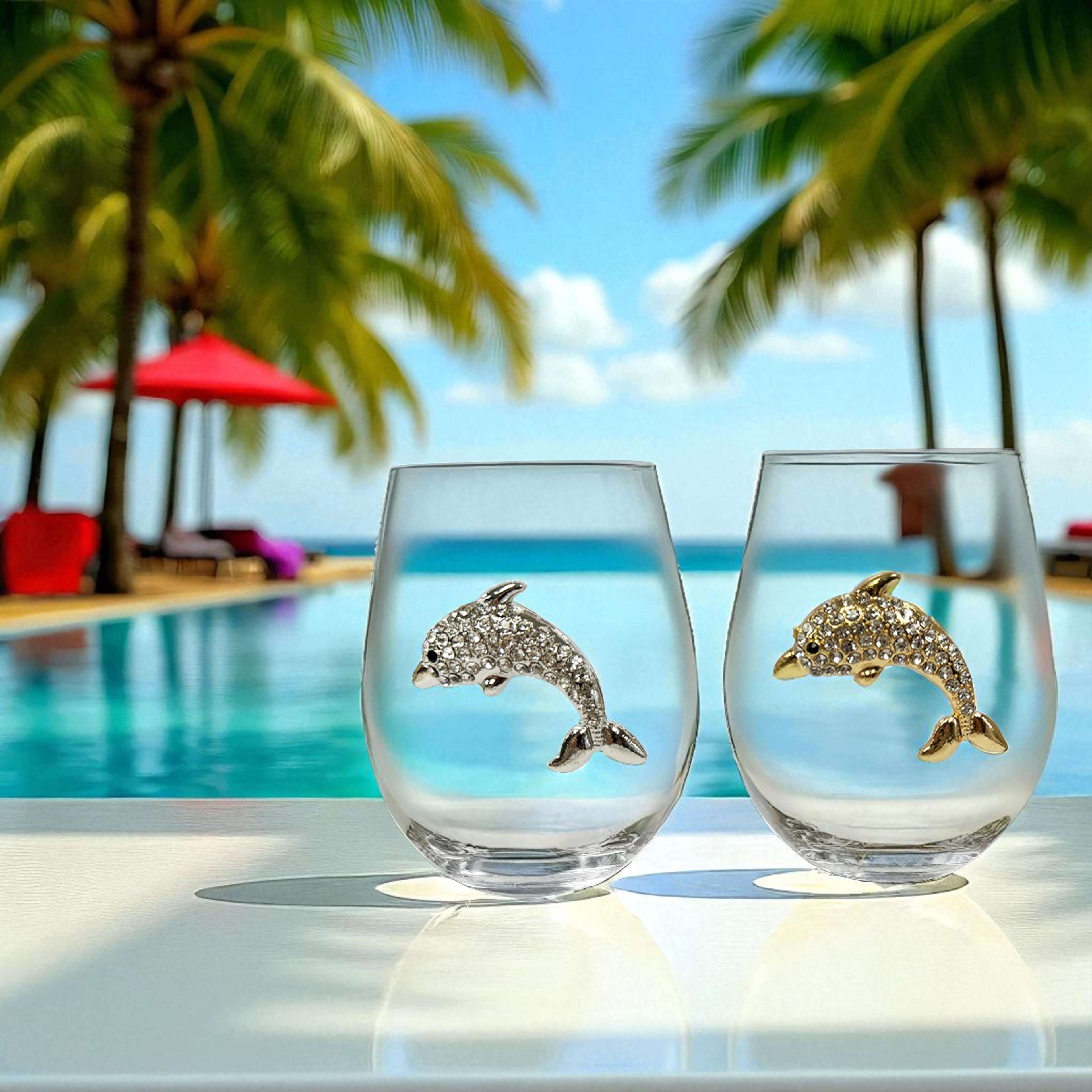 Jeweled Dolphin Stemless Wine Glasses