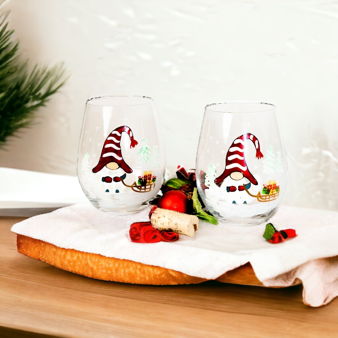 Painted Christmas Gnome Stemless Wine Glasses