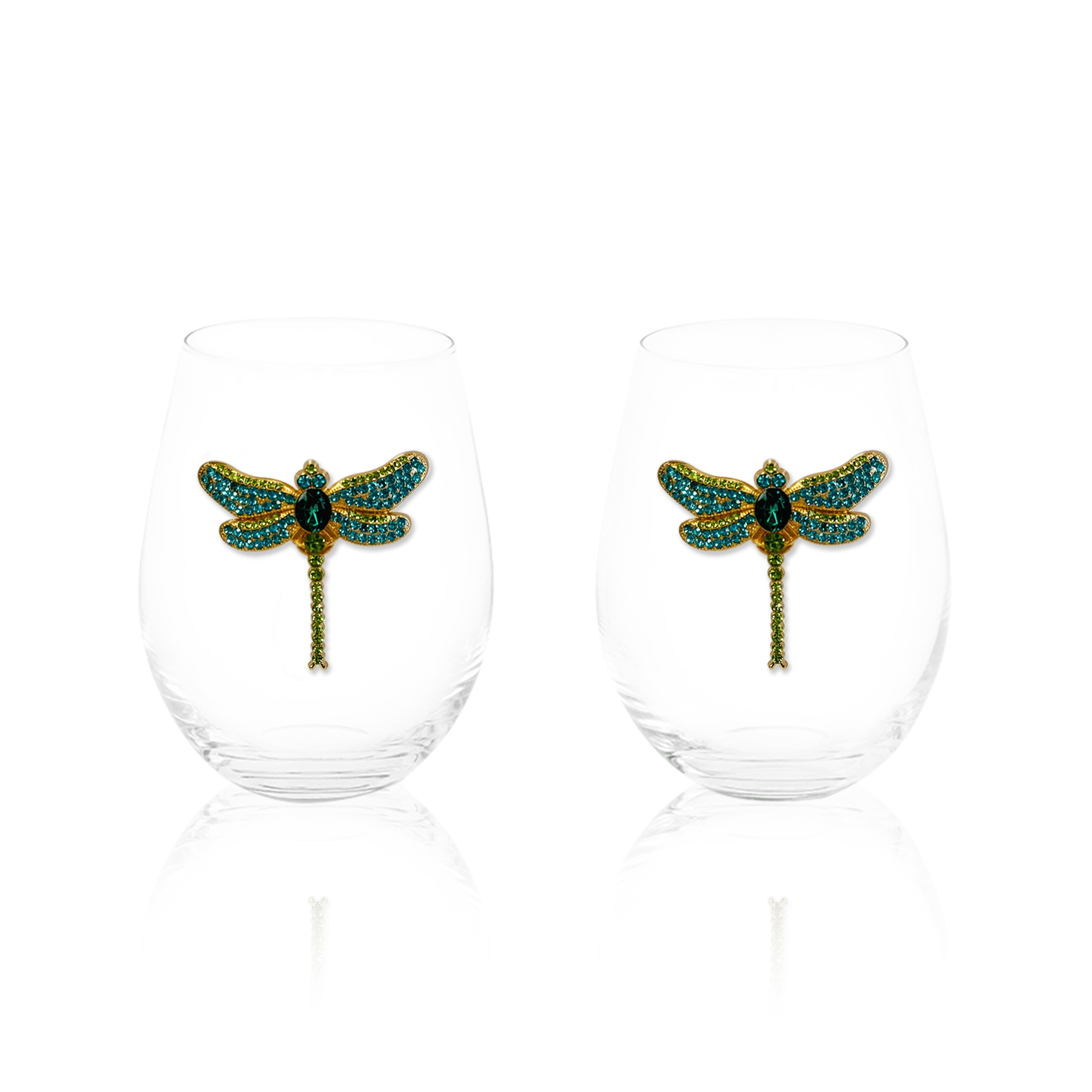 Jeweled Dragon Fly Stemless Wine Glasses