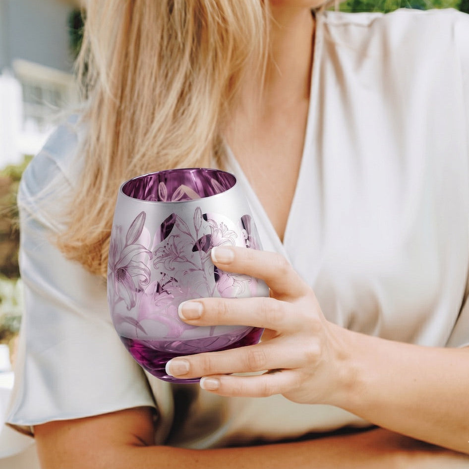 Purple Lillies Stemless Wine Glasses