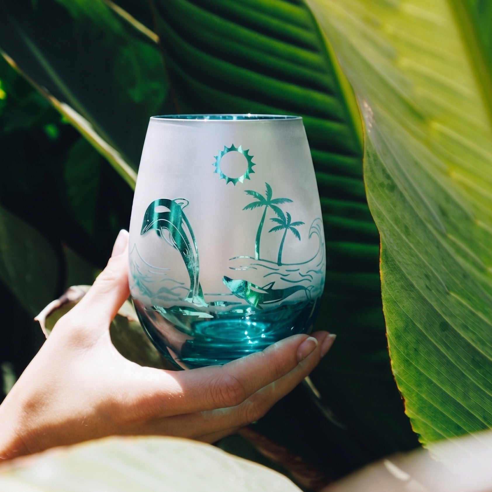 Aqua Dolphin Stemless Wine Glasses
