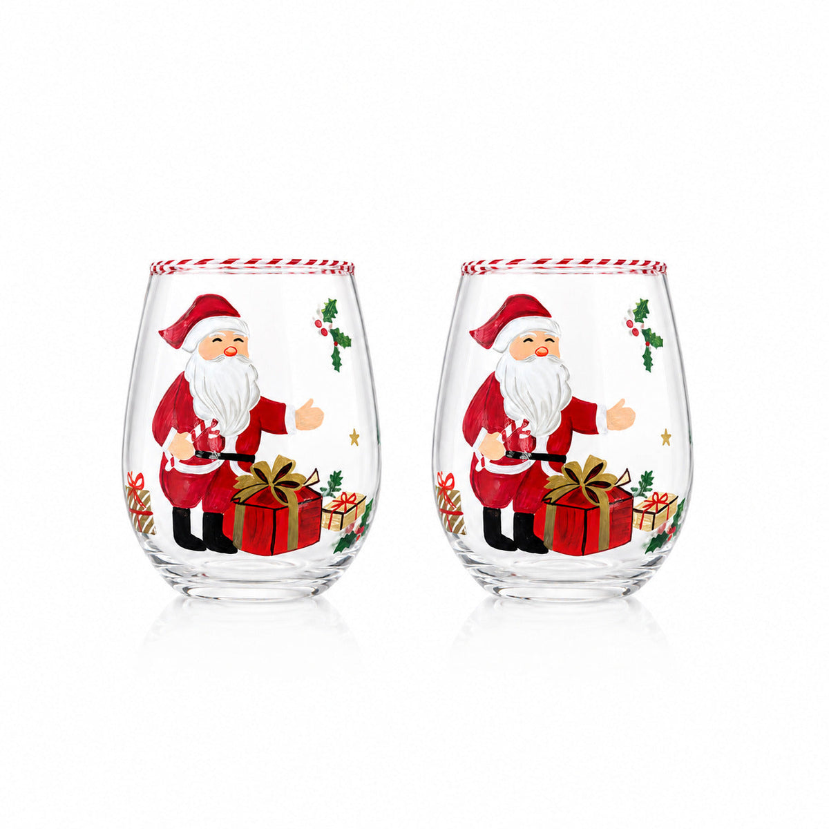 Painted Christmas Santa Stemless Wine Glasses