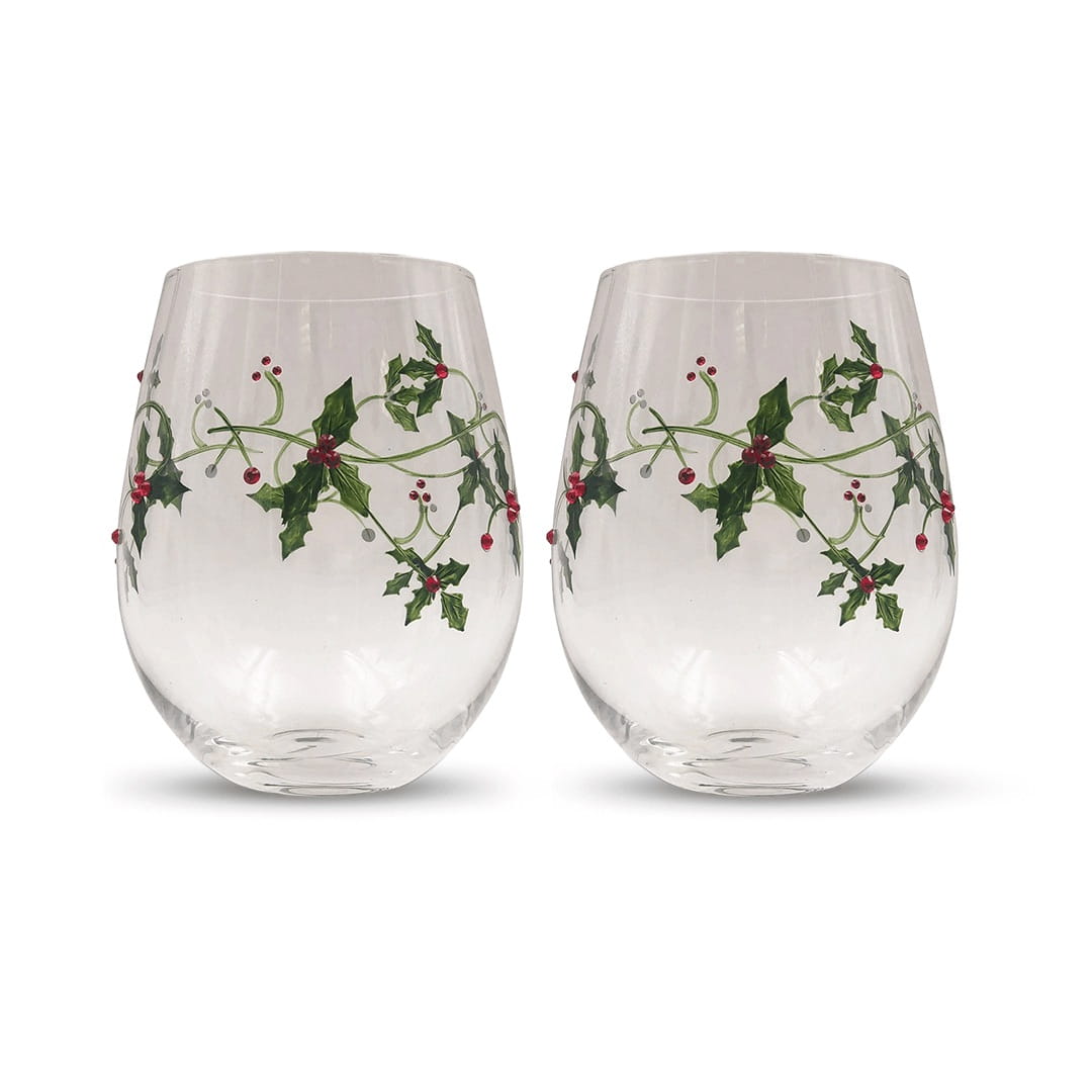 Christmas Holly Stemless Wine Glasses